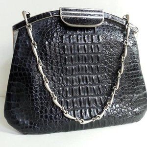 VINTAGE HANDBAG BLACK CROC LEATHER BAG PURSE WOMEN